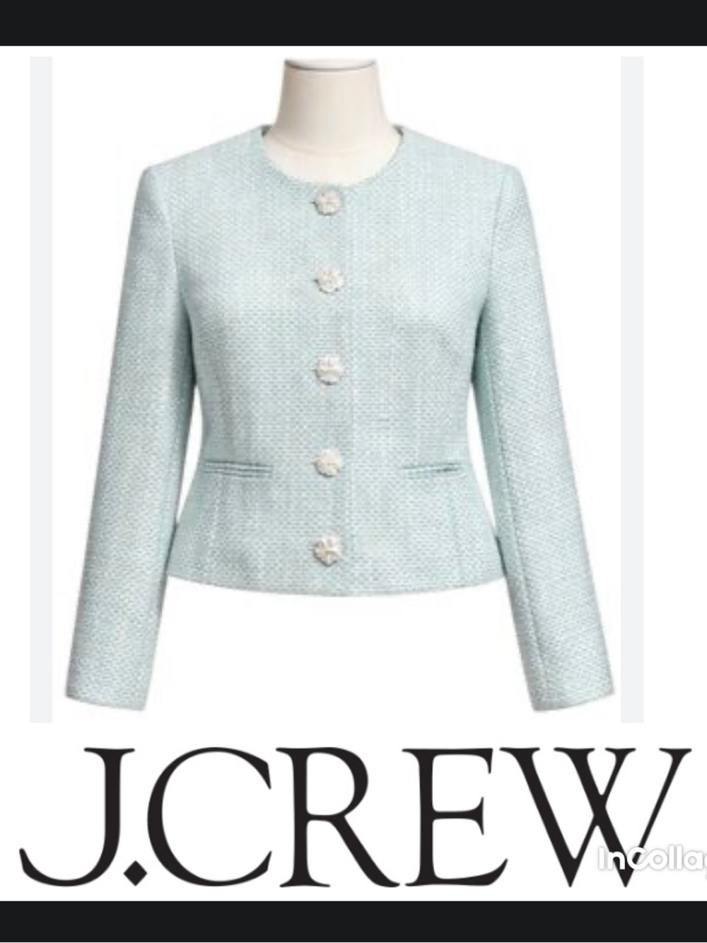 J. Crew Factory Tweed Cropped Blazer in Light Mint and Flower Buttons